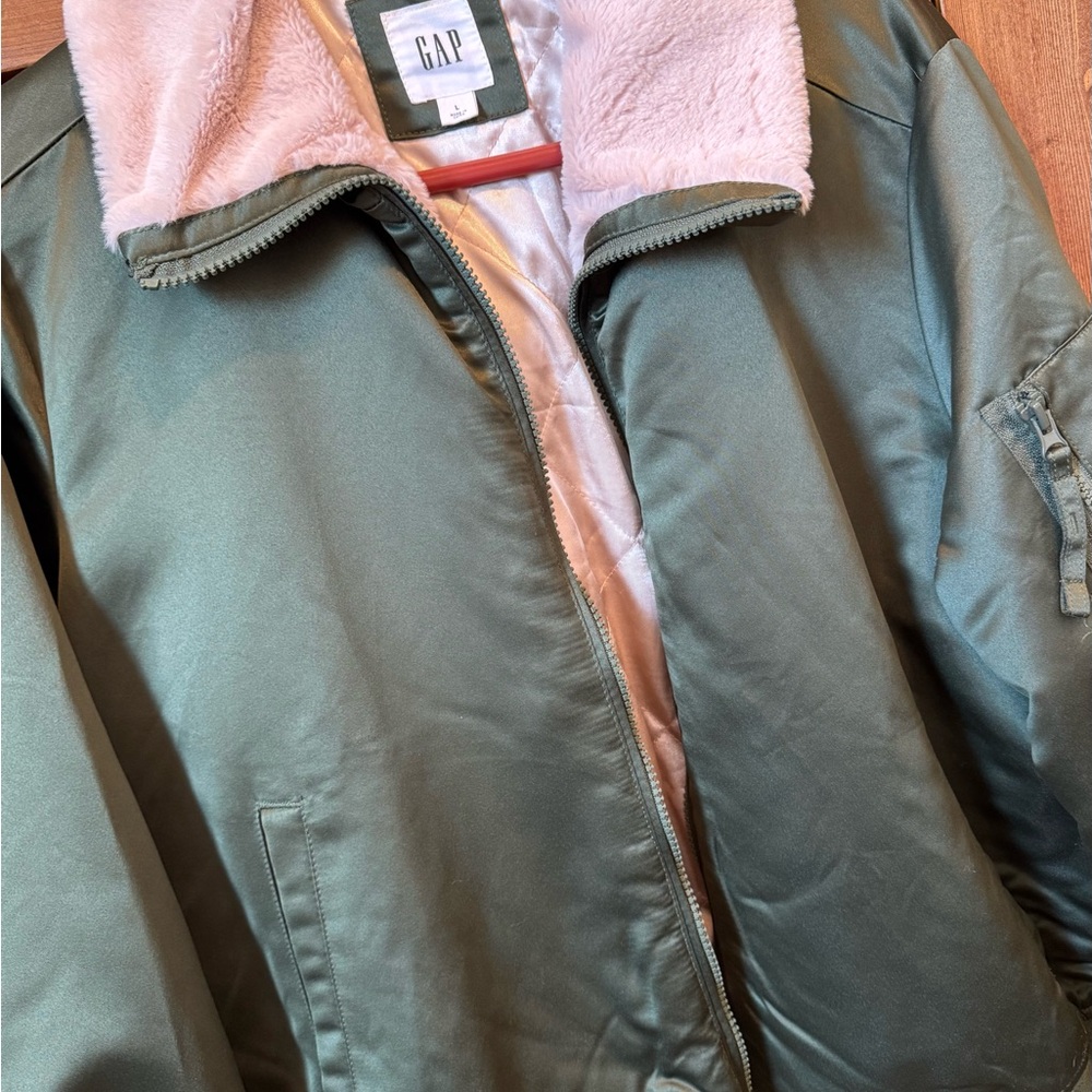 GAP Green Cropped Jacket with Furry Pink Accents